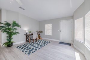Bright room with desk and decorative plants.